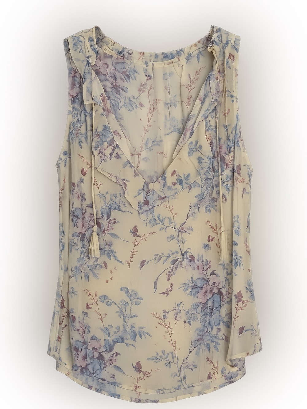PAIGE 100% Silk Floral Butterfly Ruffle V-Neck Tassel Sleeveless Blouse Yellow